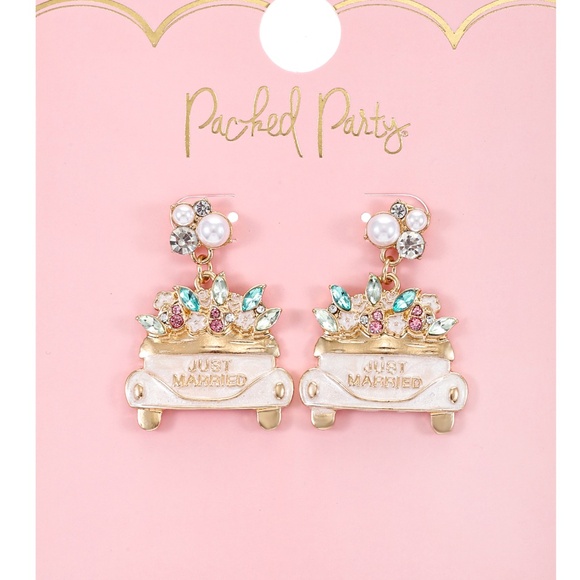 Packed Party Goldtone Just Married Earrings, Female, Bridal Theme, 1 Pair - Picture 2 of 2